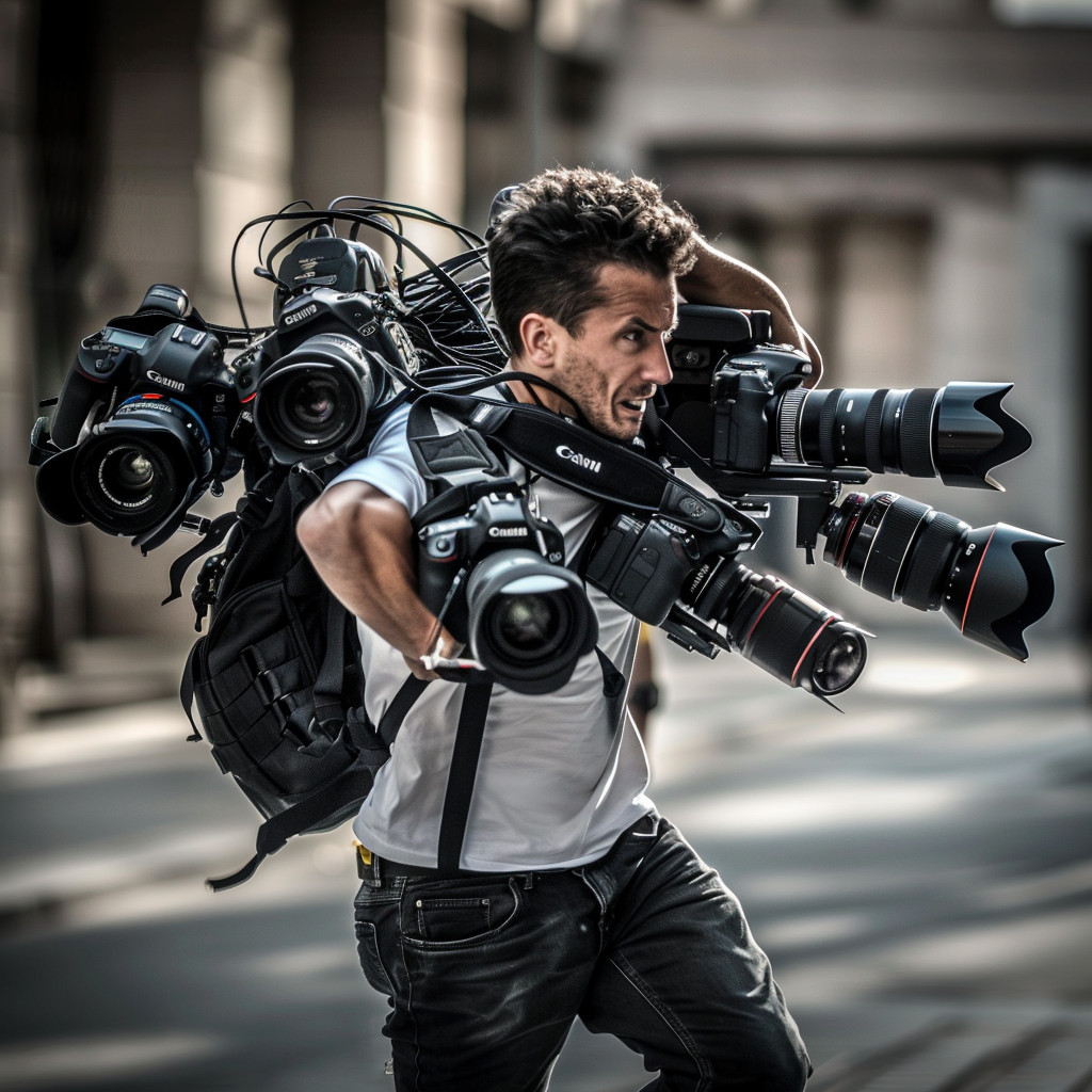 Man with camera lenses running towards camera