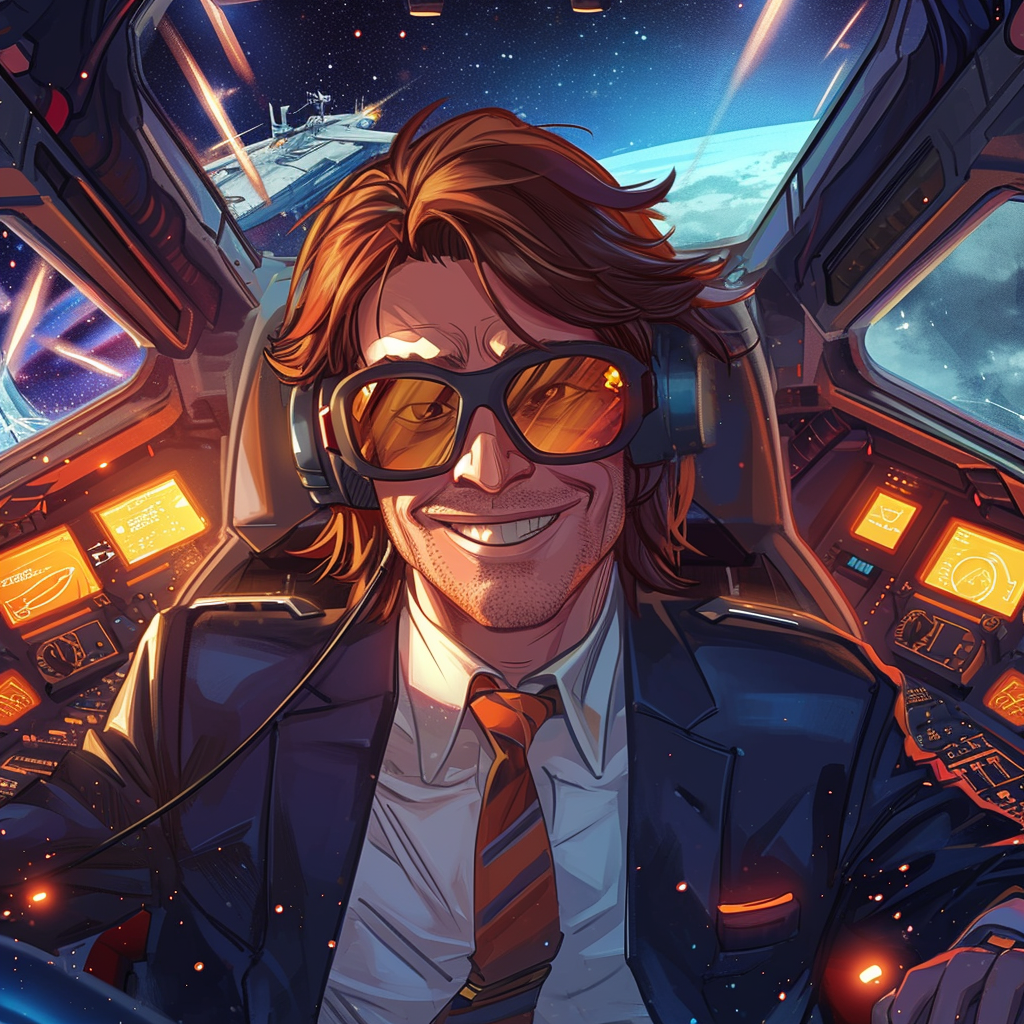 Man with suit and tie, podcaster Captain Cosmos in spaceship