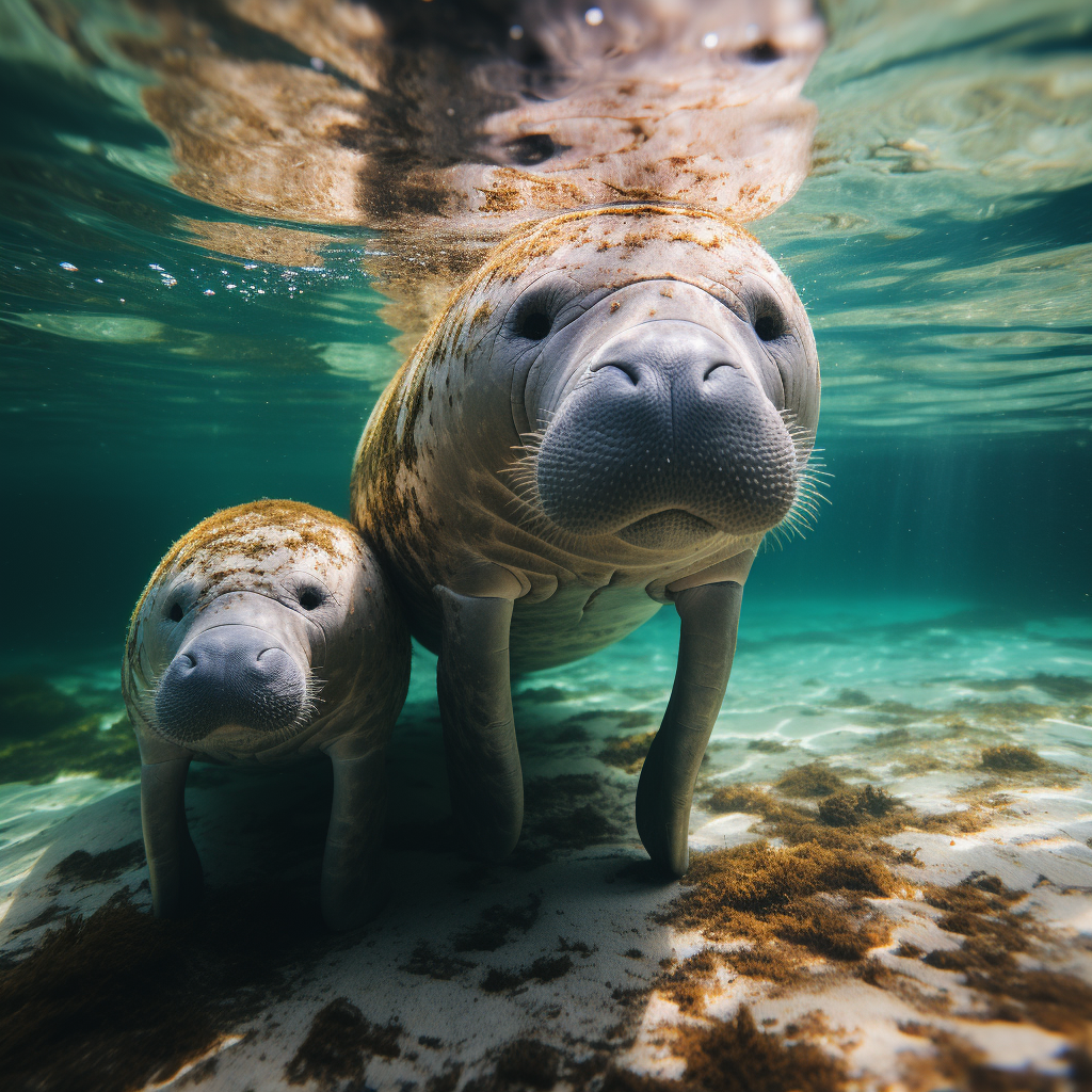 Sweet manatee embraces cute baby