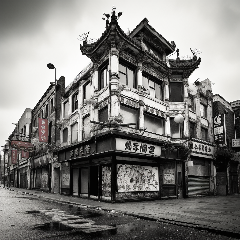 Run-down Manchester Chinatown with boarded up shops