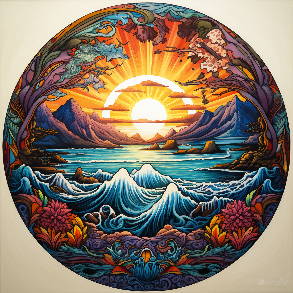 Colorful mandala art with surf, beach, sun and mountain