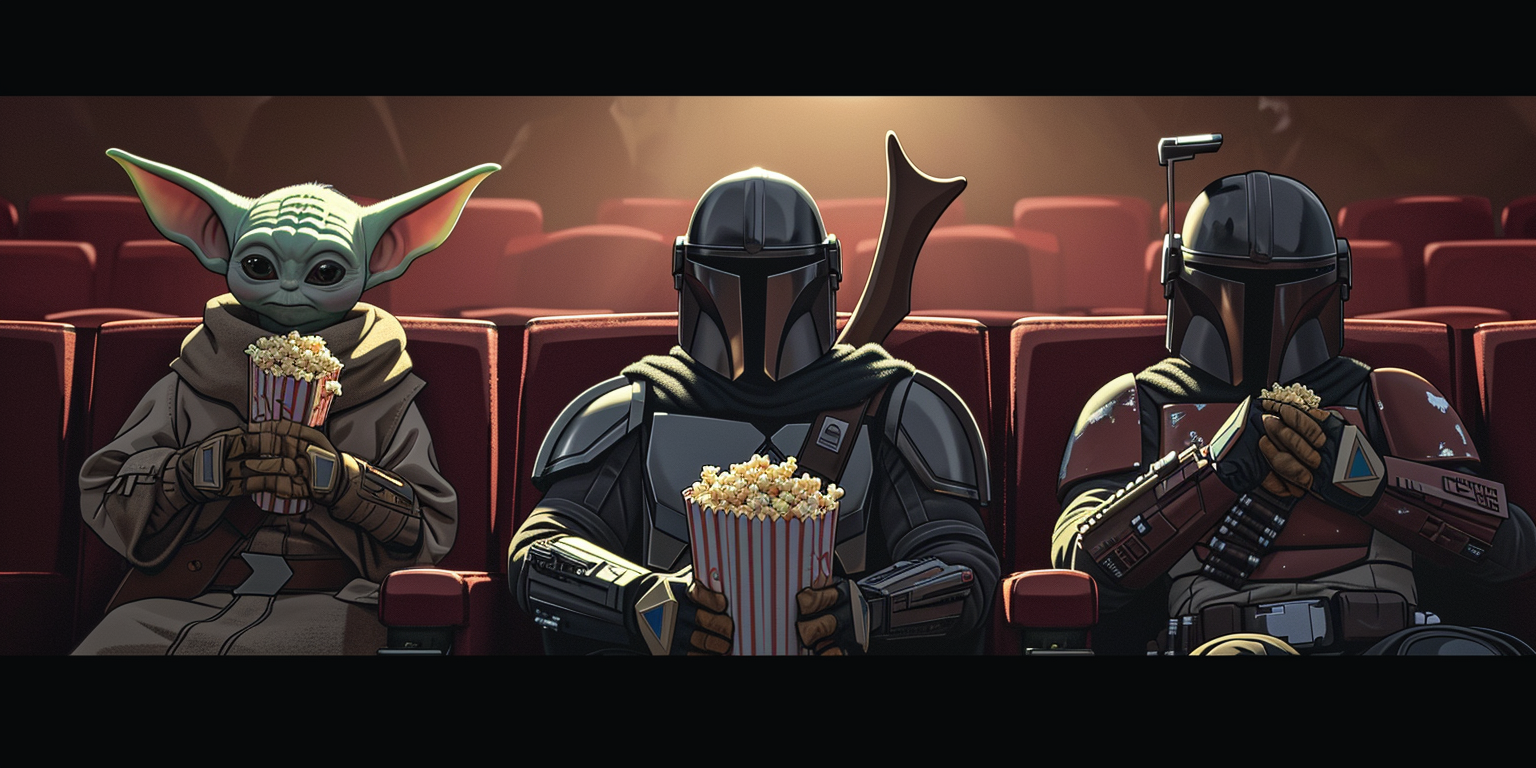 Cartoon illustration Mandalorian Grogu movie theater popcorn