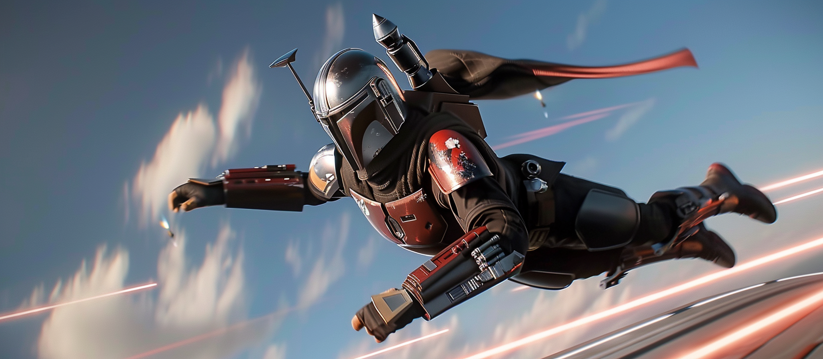 Mandalorian flying in spaceport