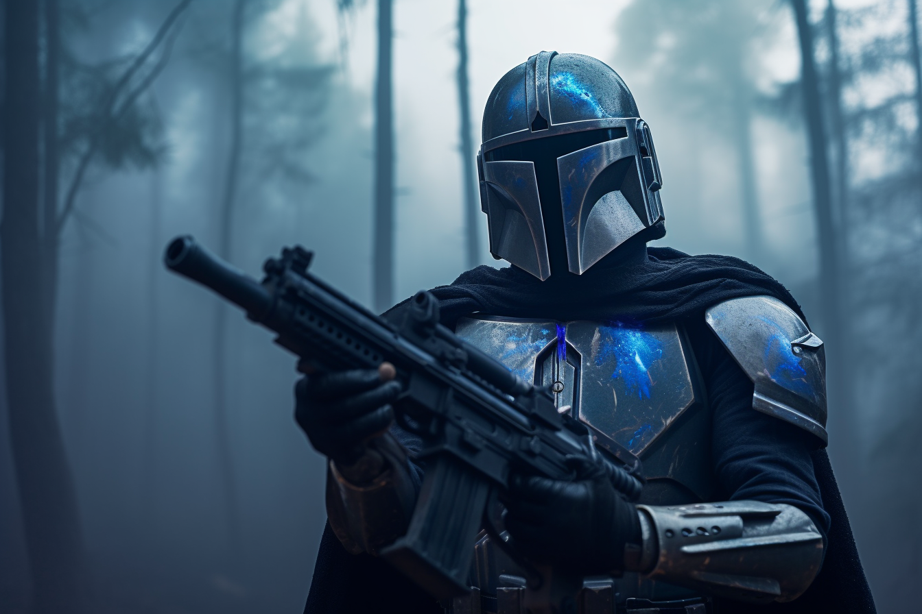 Mandalorian warrior in blue battle scarred armor scouting