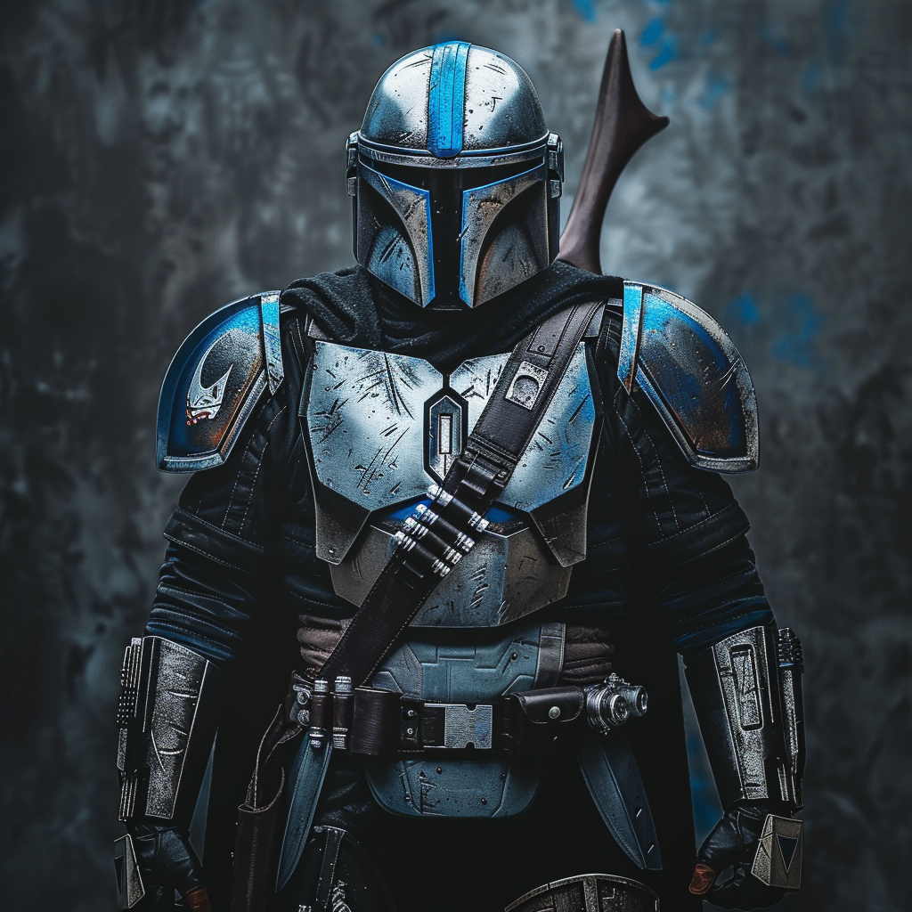 Mandalorian in black silver blue armor