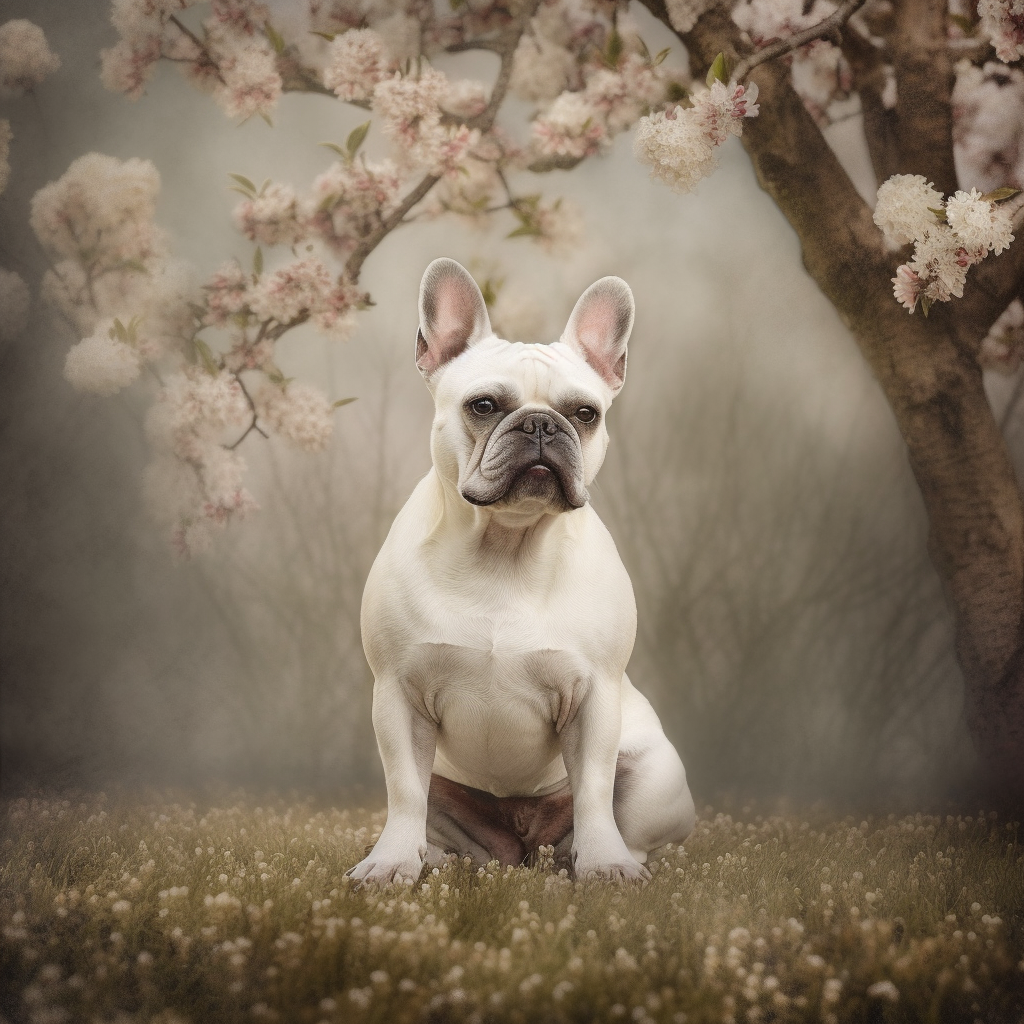 Adorable French Bulldog sitting under white blossom trees