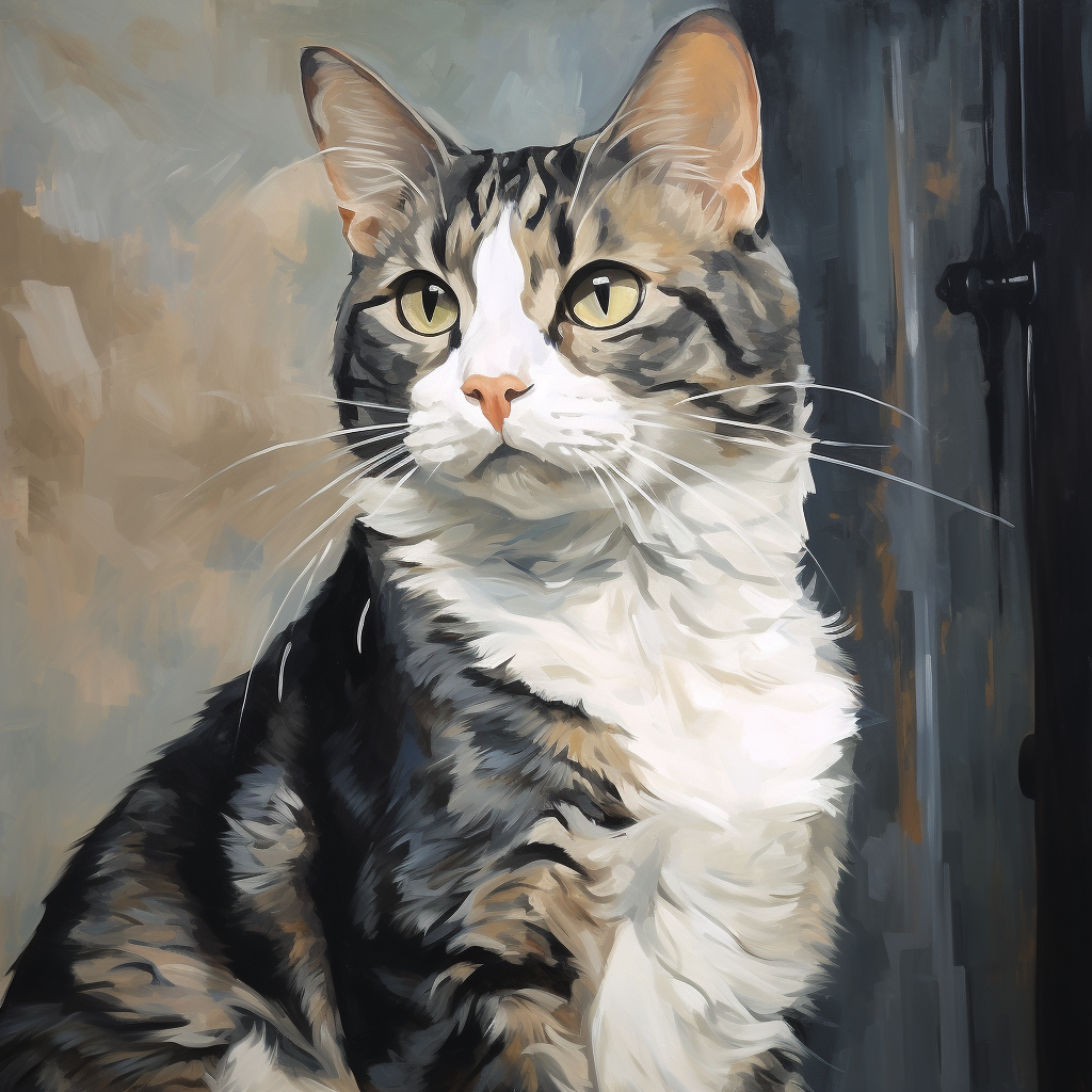 Dark Gray and Beige Tabby Cat Painting