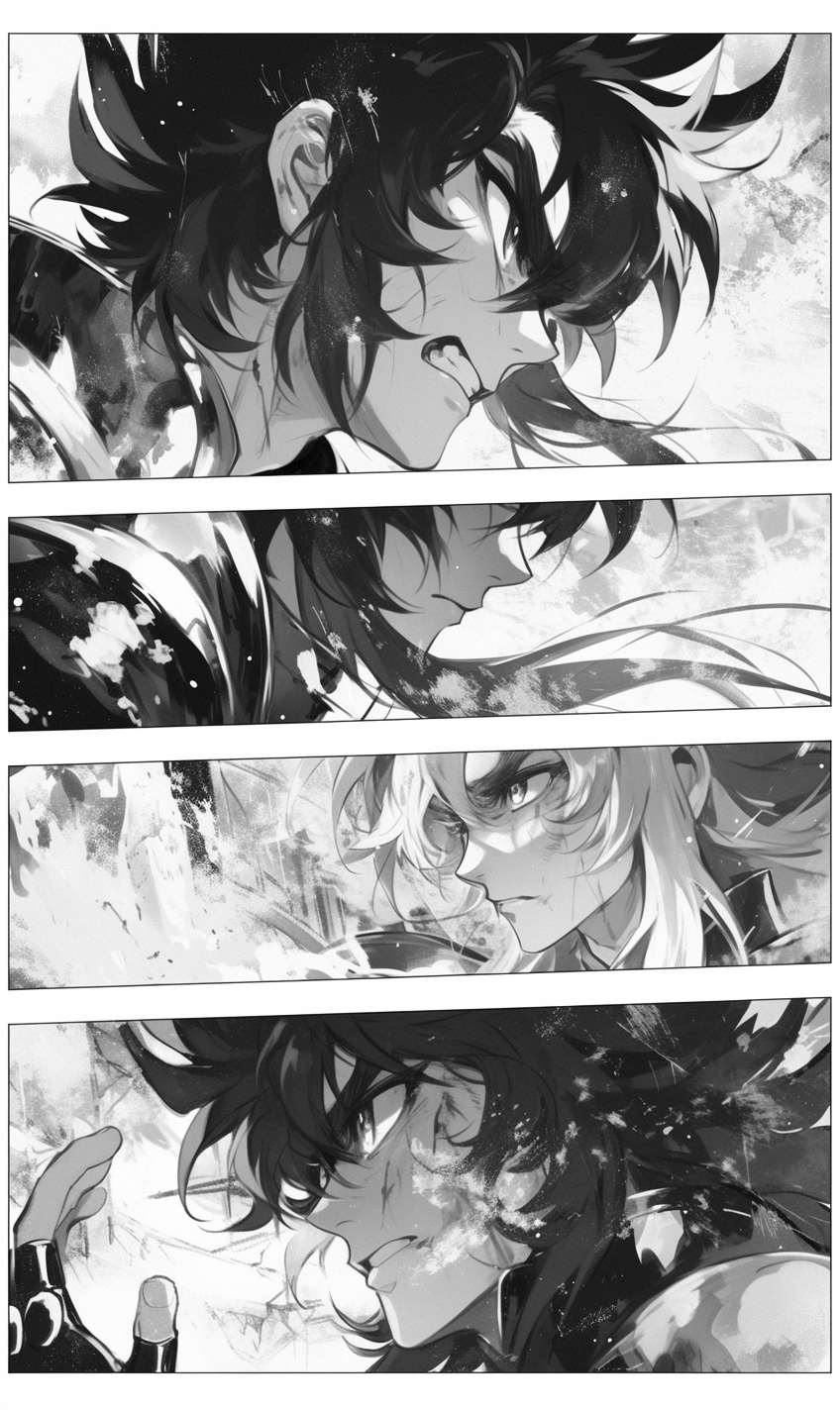 Manga frames of Saint Seiya characters fighting