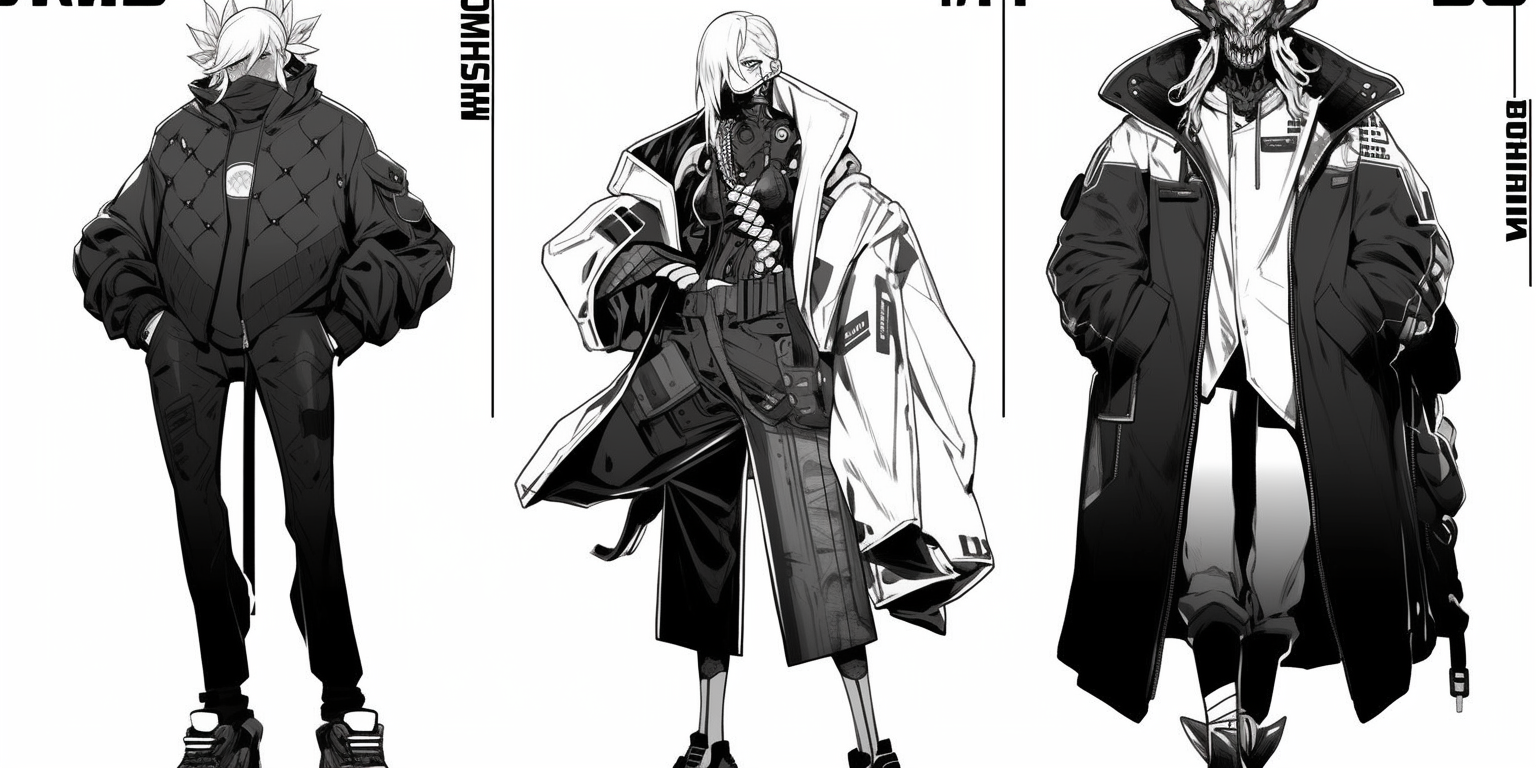 Futuristic manga cyberpunk mutants in black and white