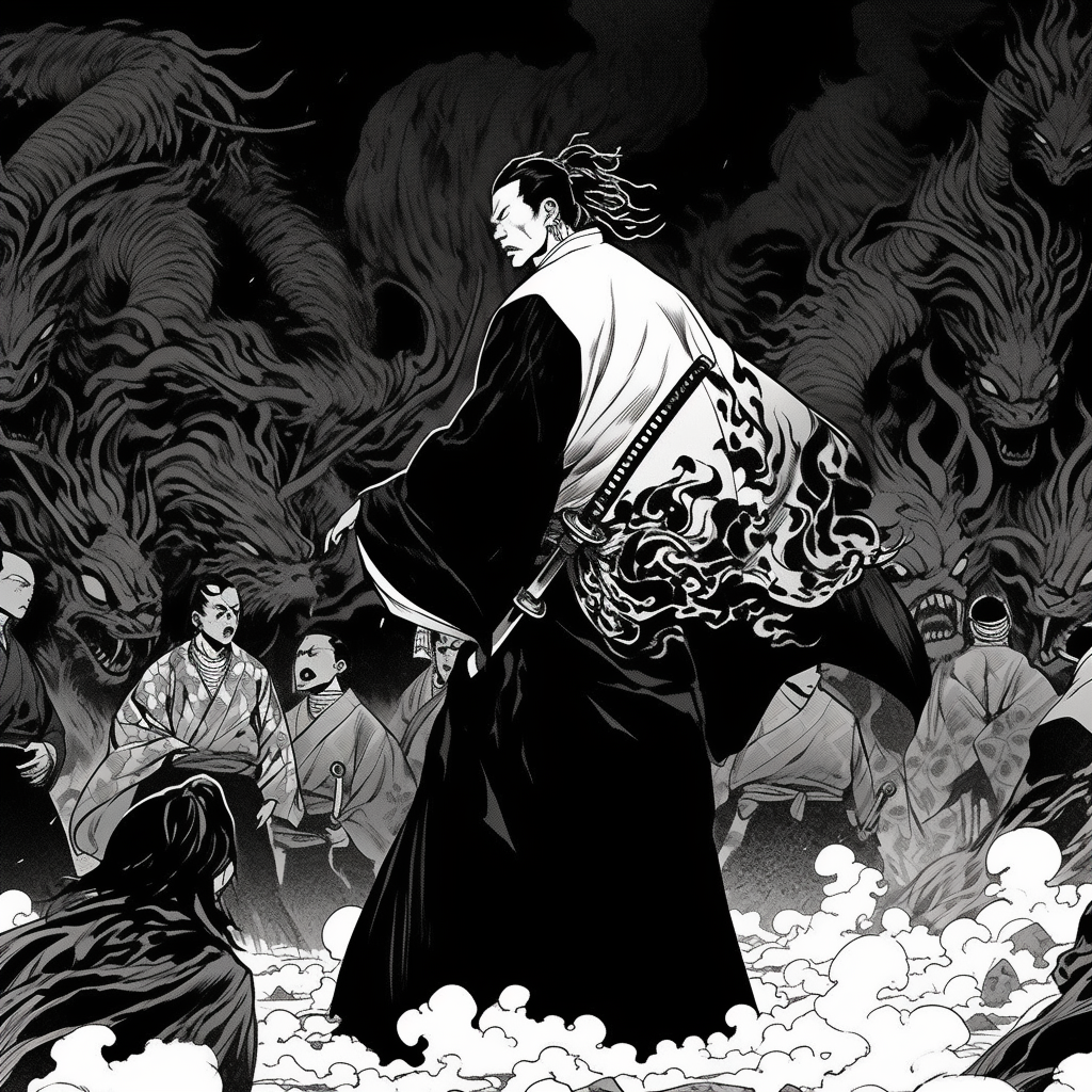 A man in hakama fighting monstrous creatures