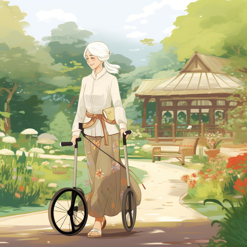 Graceful lady with white hair using a walker in a garden