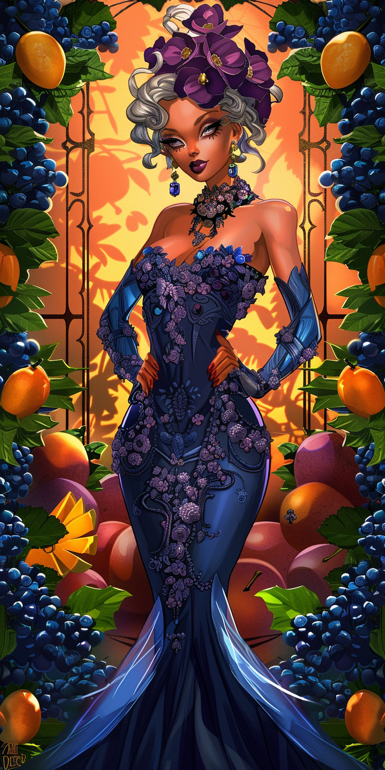 Drag queen in fruity dress