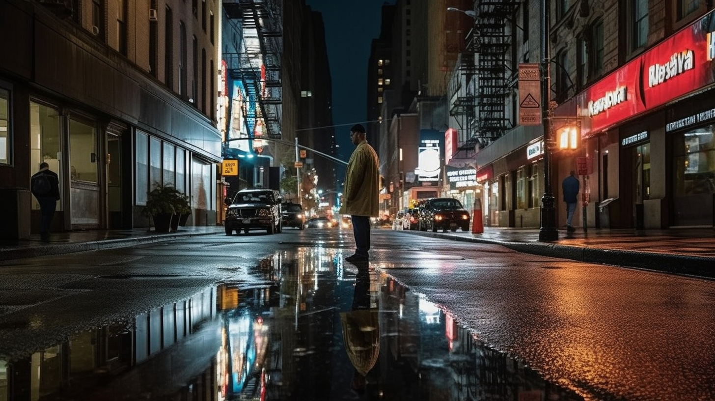 Reflection of man walking in Manhattan at night