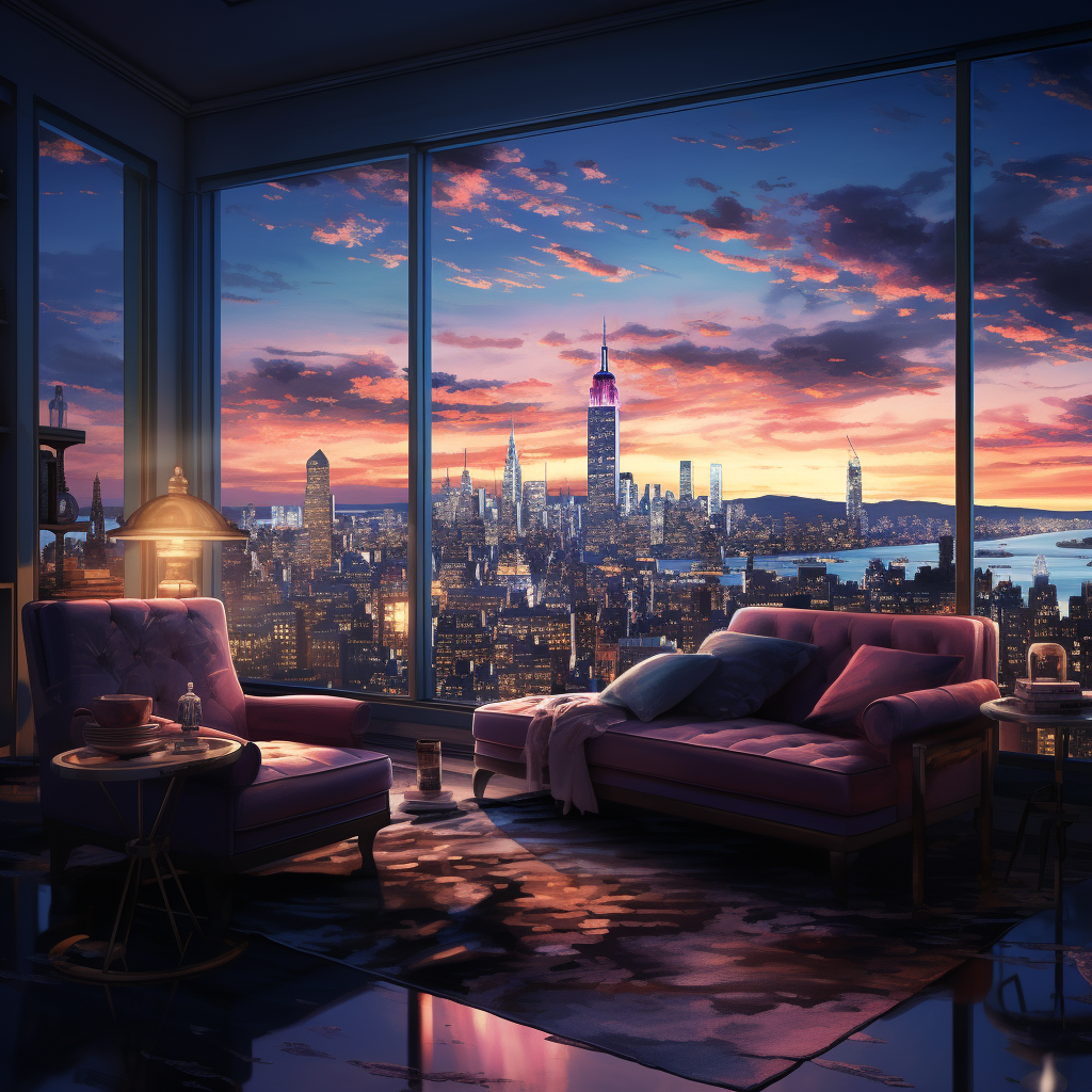 Manhattan skyline at twilight with penthouse gathering