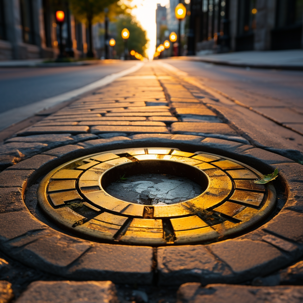 Aerial view of manhole sewer cap on asphalt