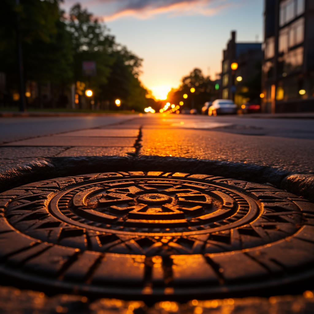 Aerial shot of manhole sewer cap at sunrise