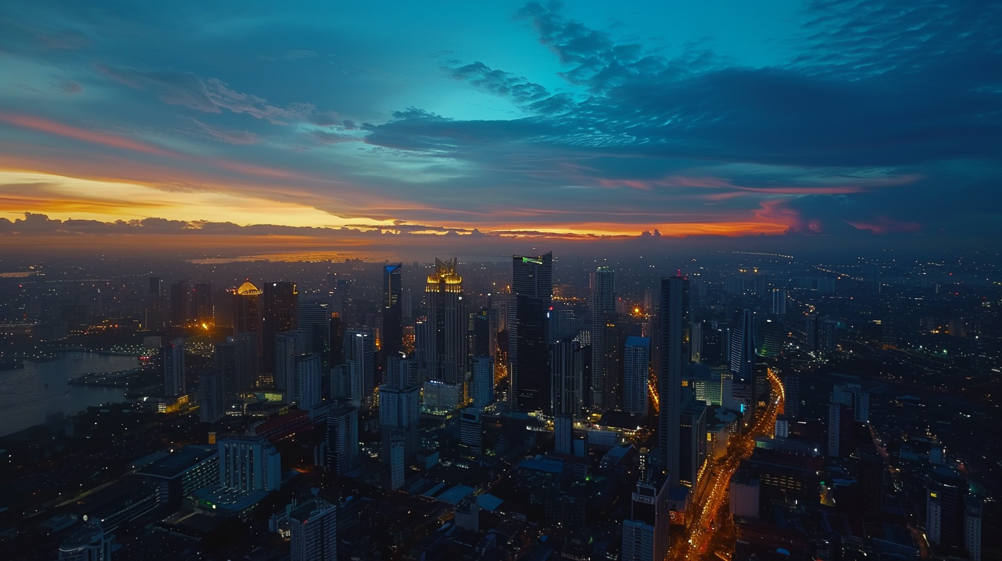 aerial manila business district dusk view