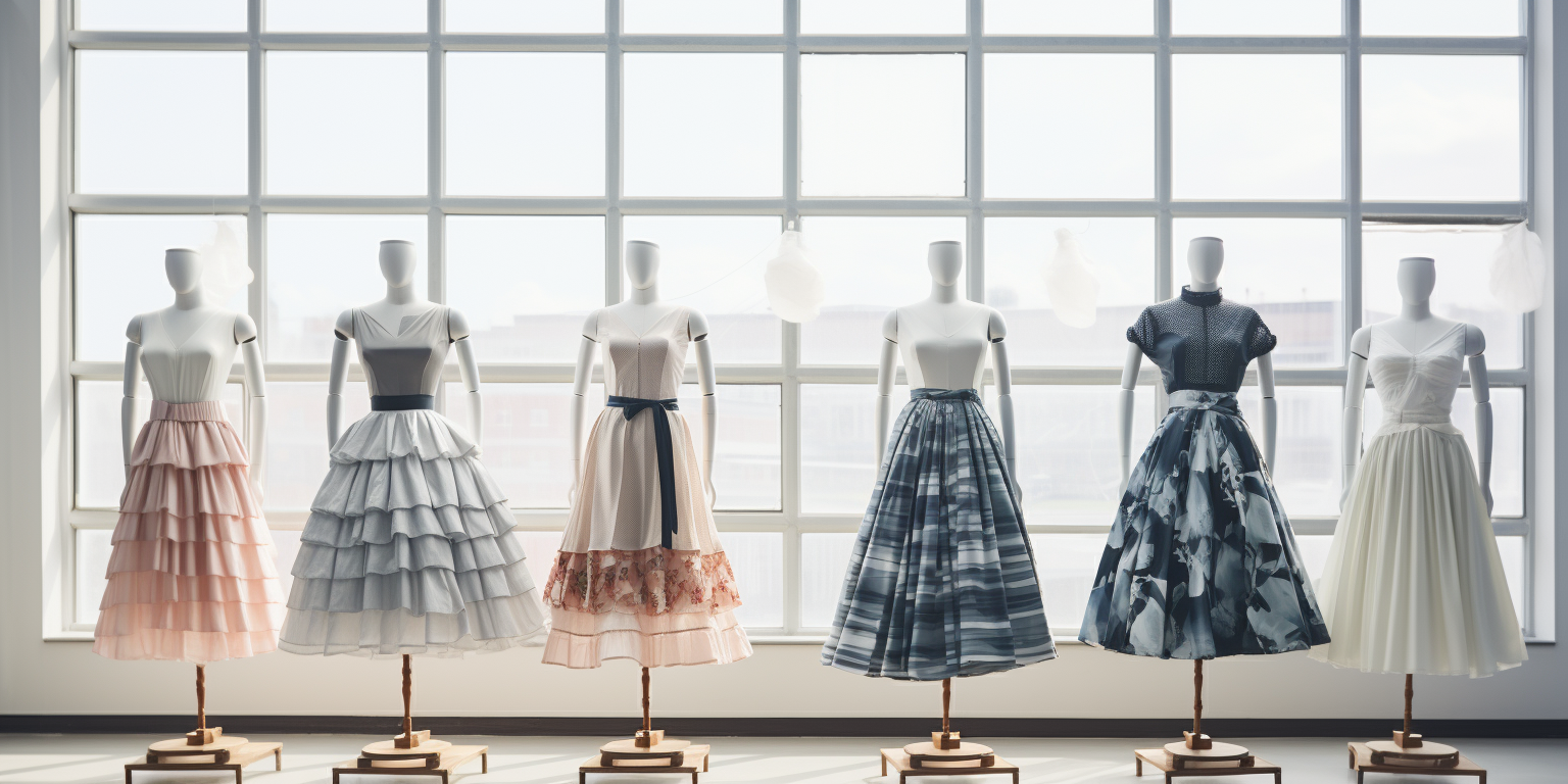 Four mannequins showcasing stylish skirts