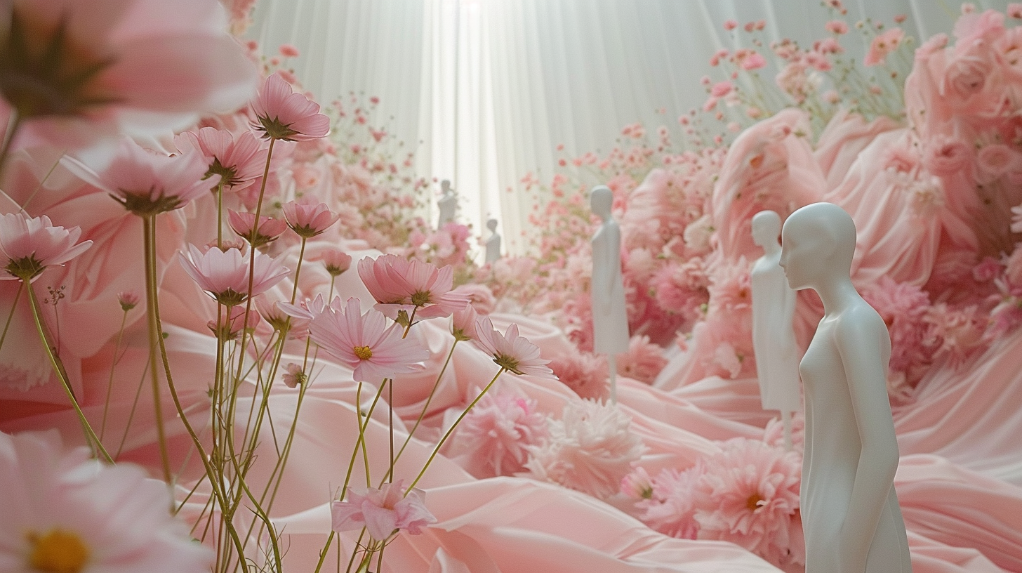 Mannequins in Meadow with Pink Flowers