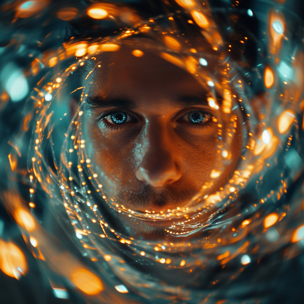 Man's face in timehole filmstrip vortex lights