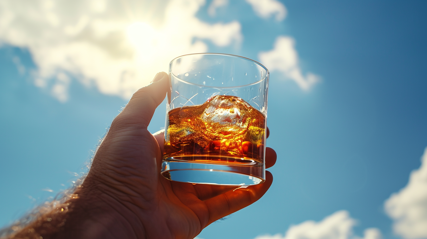 Hand Holding Whiskey Glass Against Blue Sky