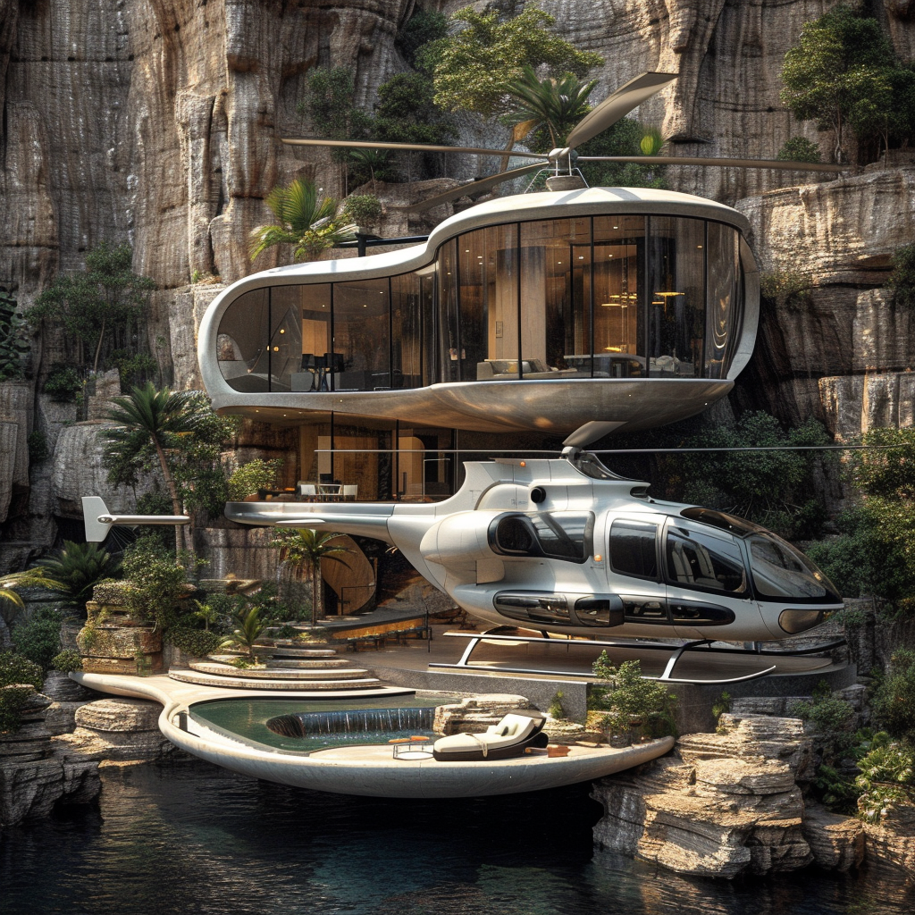 Futuristic mansion with billion dollar house and helicopter