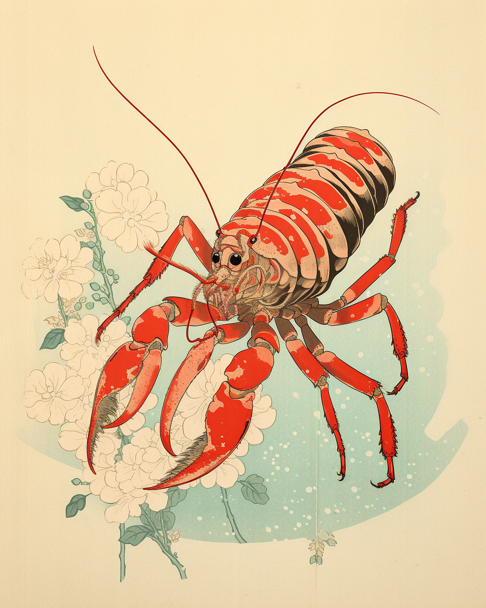 Colorful mantis shrimp ukiyo-e illustration