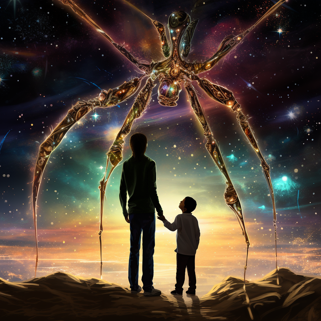 Mantis teaching young boy about galaxy stars