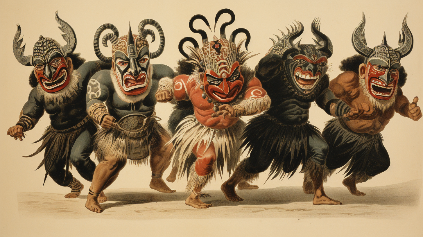 Maori dancers wearing traditional masks during Haka dance