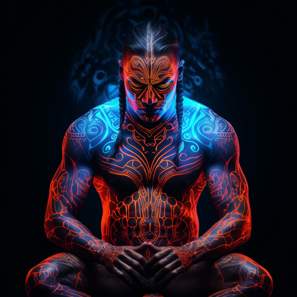 Modern Maori warrior with neon tattoos