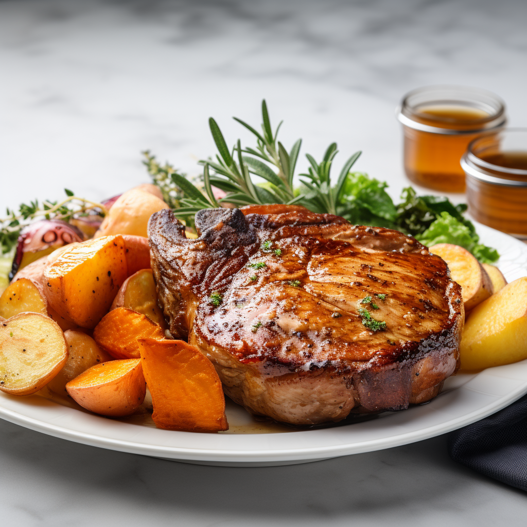 Maple Glazed Pork Chops with Roasted Apples and Sweet Potatoes