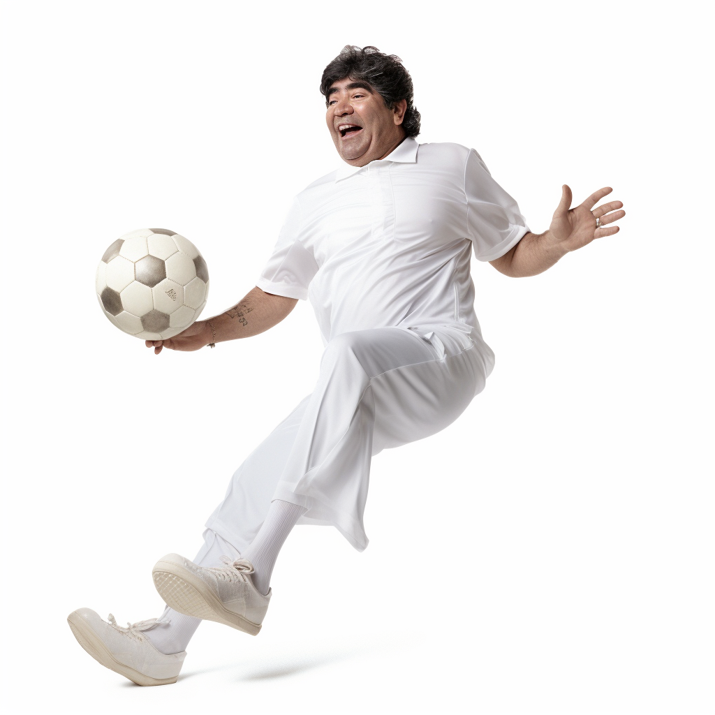 Diego Maradona dribbling soccer ball in heavenly attire