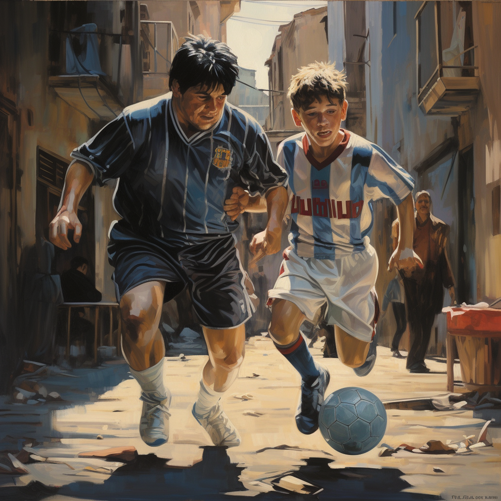 Maradona and Messi playing football in Argentina