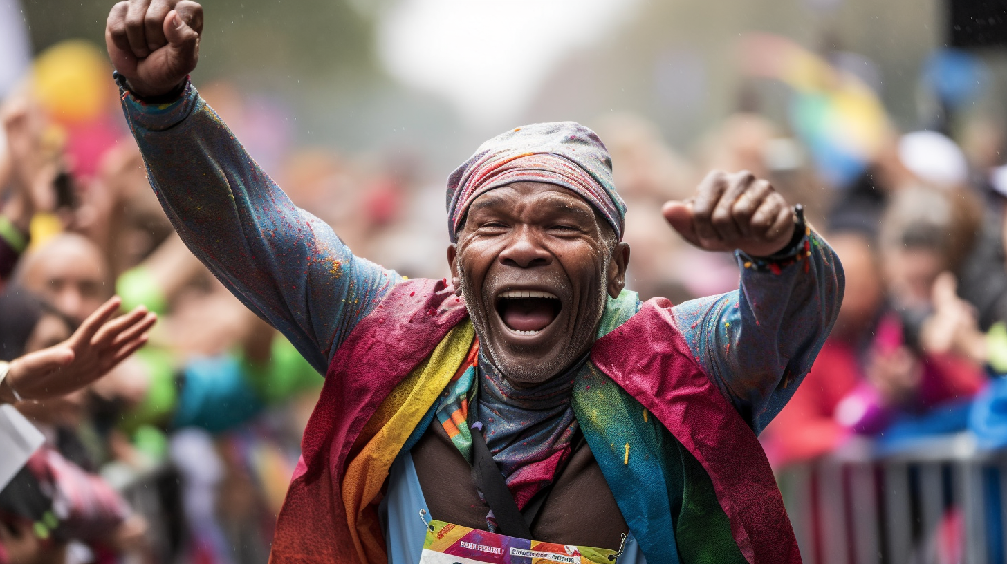 Marathon runner crossing finish line