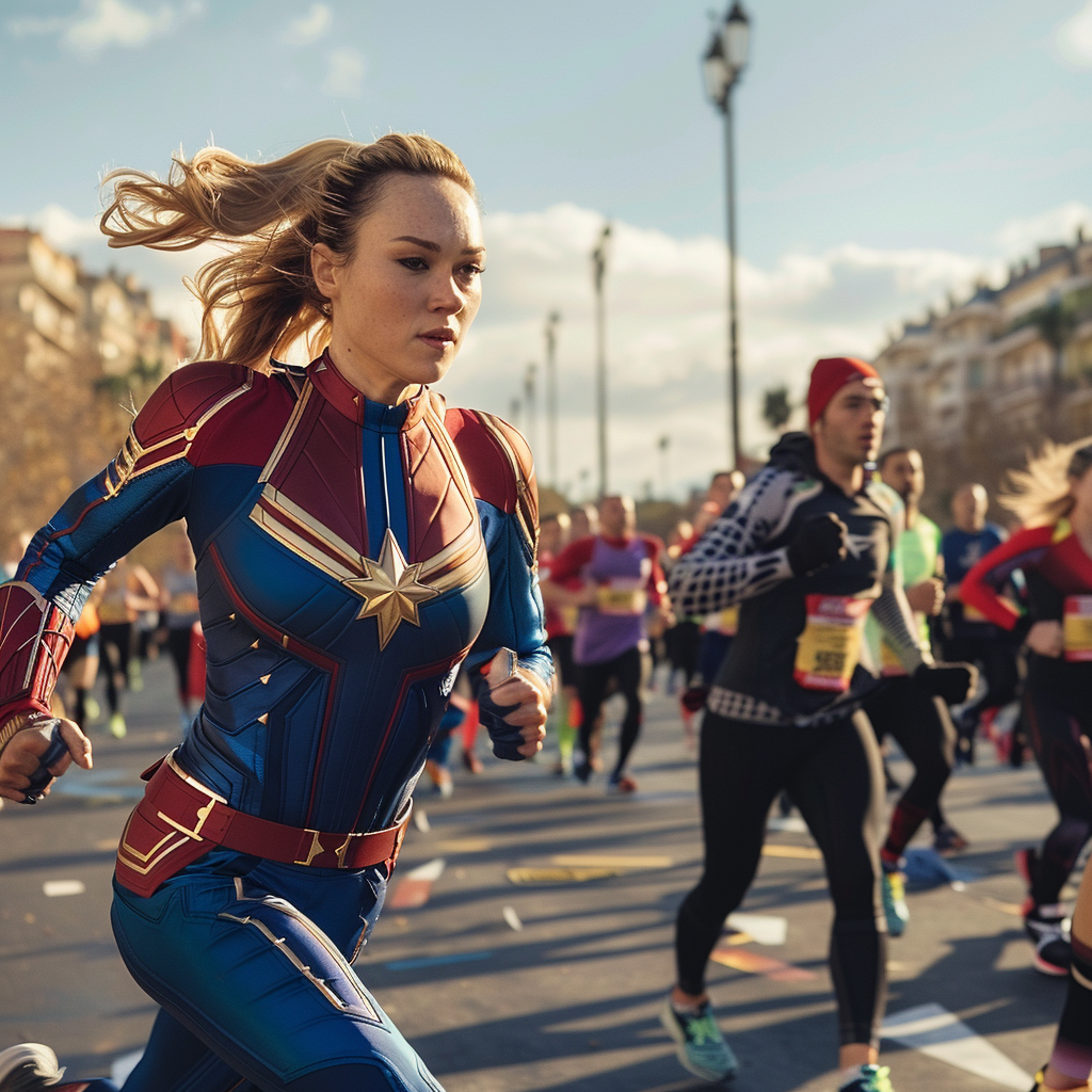 Group of marathon runners with Captain Marvel