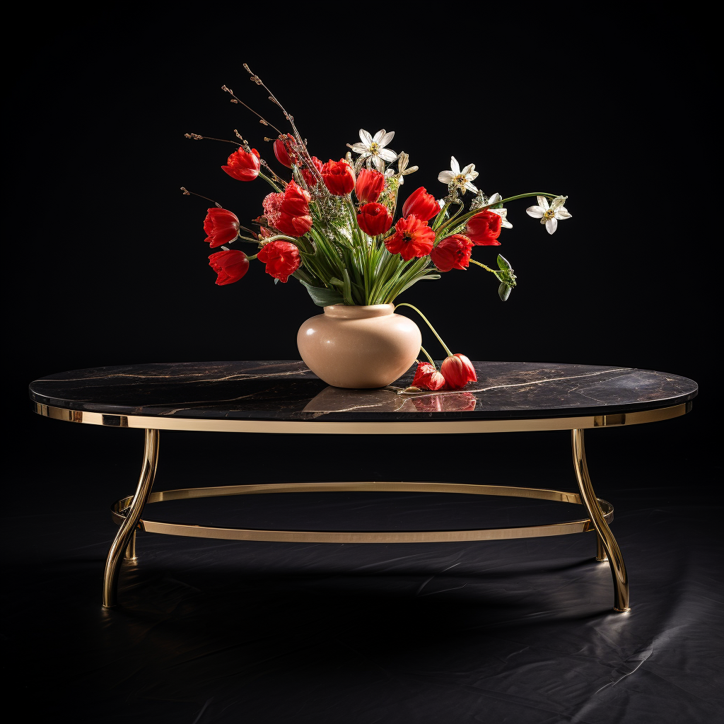 Marble coffee table with vase of flowers