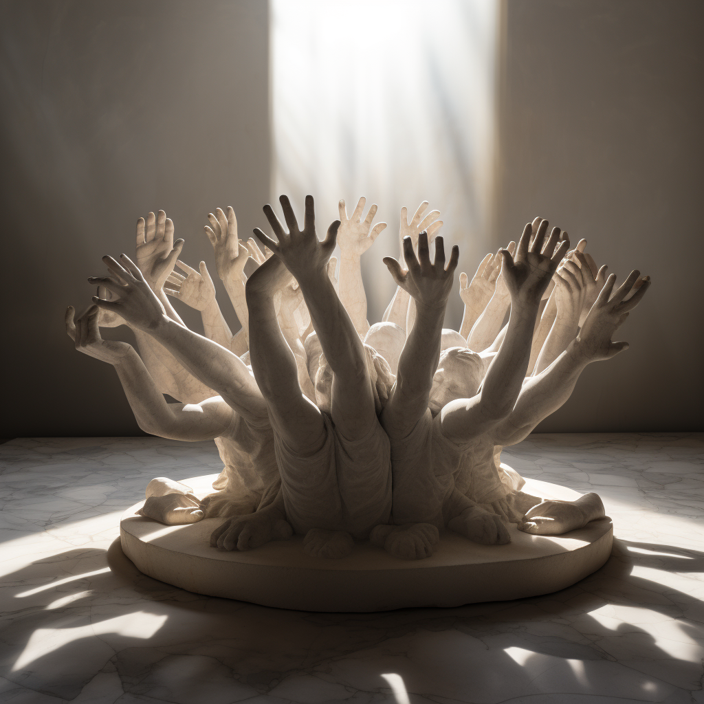 Marble hands lifting table to sunlight