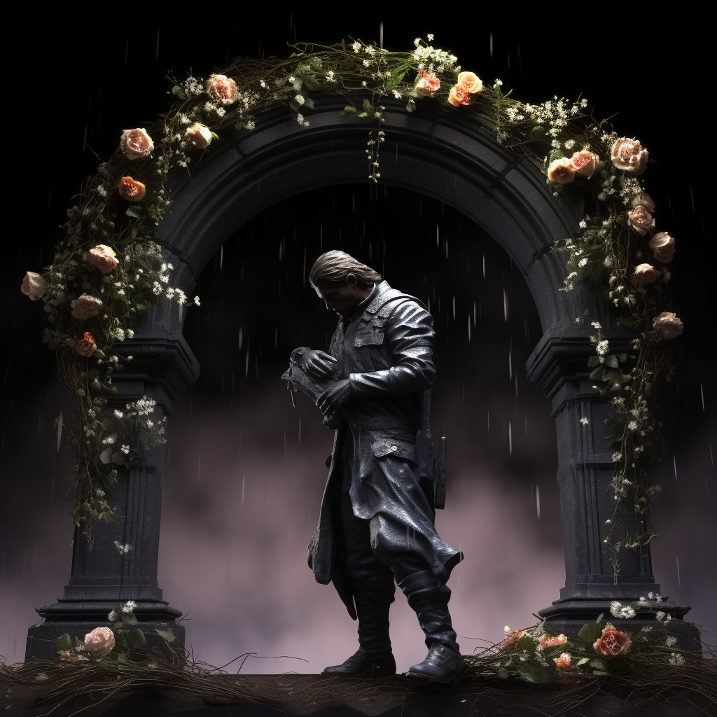 marble-statue-men-under-flower-arch-raining-wilted