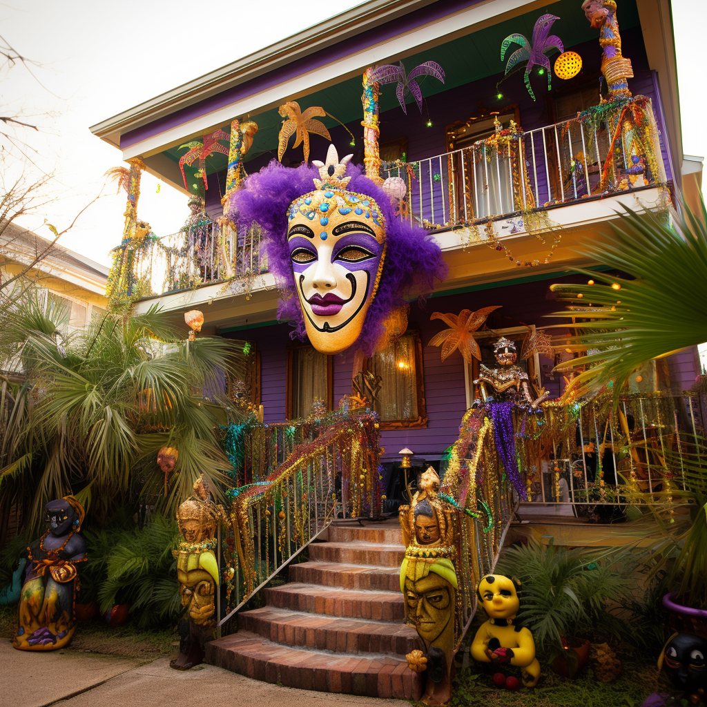 Colorful Mardi Gras Decorations in Yard