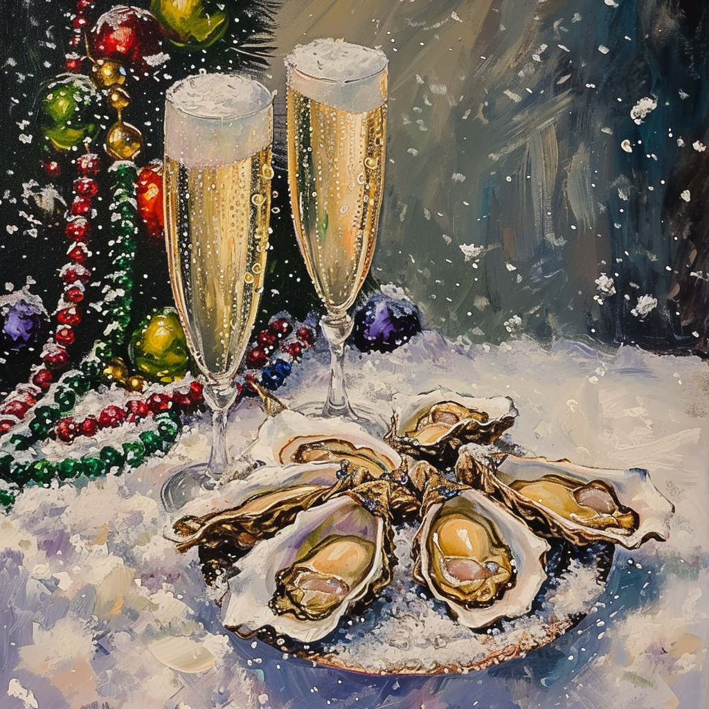 Mardis Gras party champagne oysters cajun creole snow