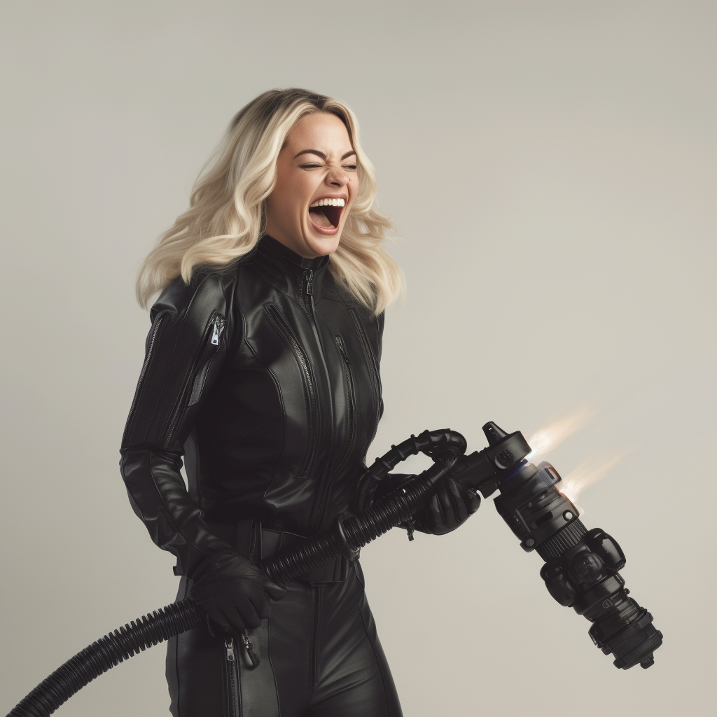 Margot Robbie laughing in black catsuit with flamethrower