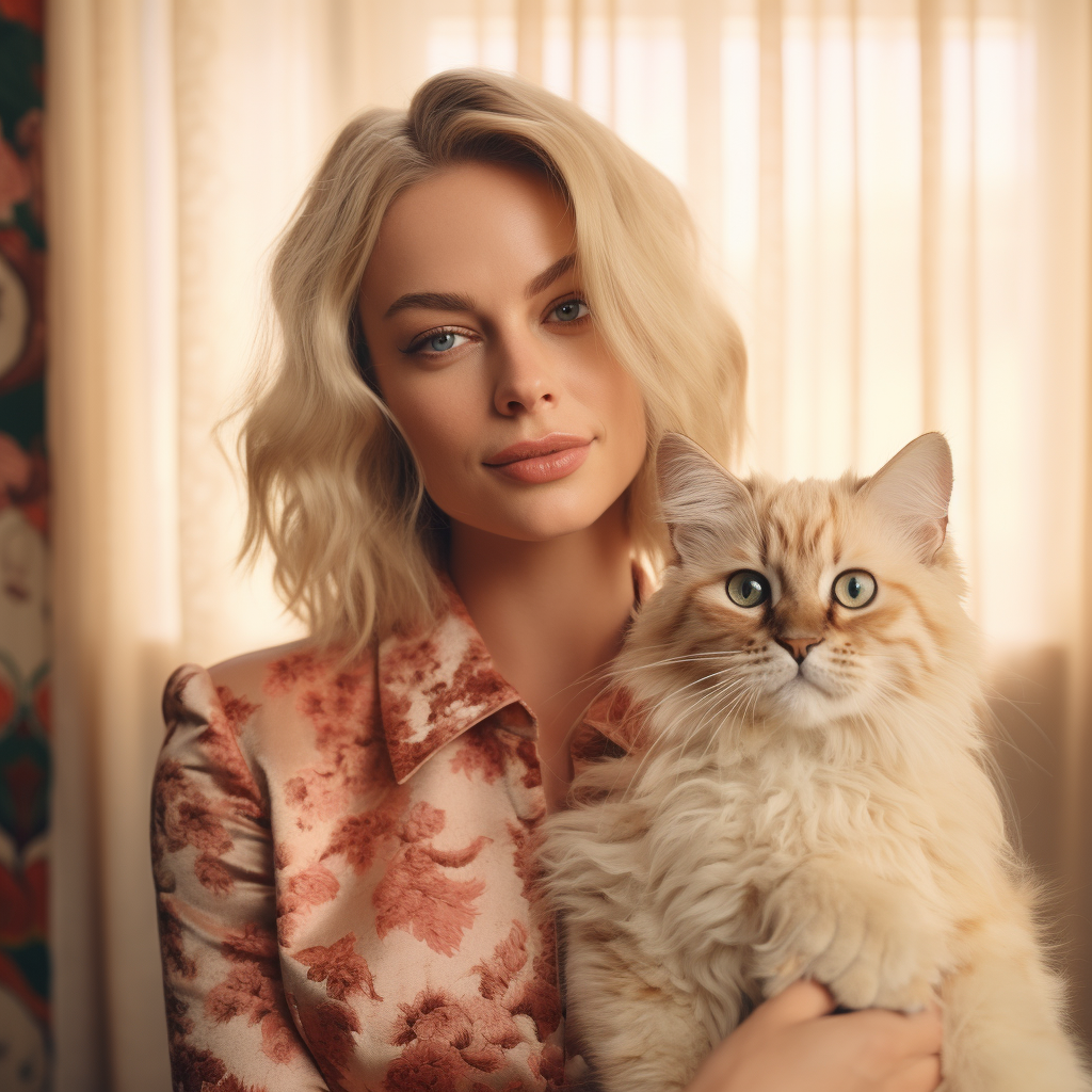 Margot Robbie with a playful cat