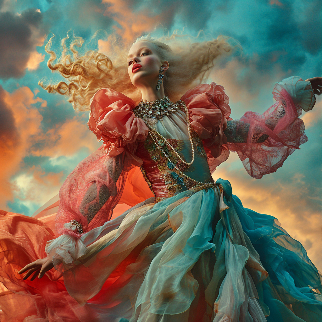 Marie Antoinette wearing futuristic couture in clouds