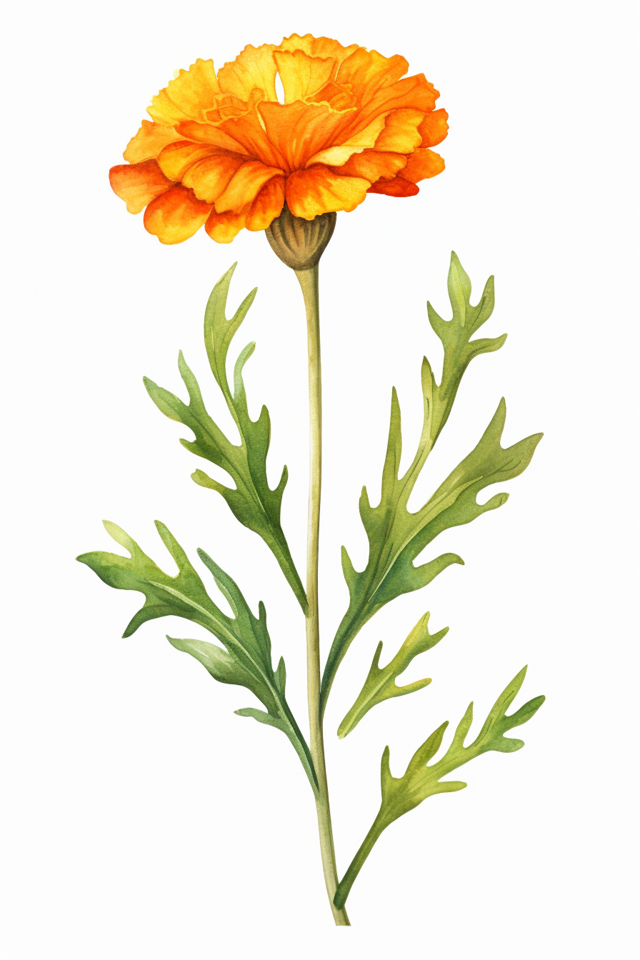 Vibrant watercolor marigold stem on white background