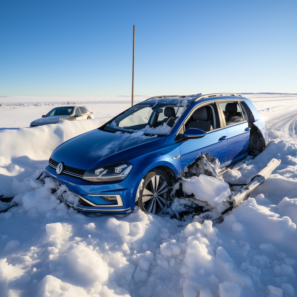 Crashed marine blue Volkswagen Golf in ditch