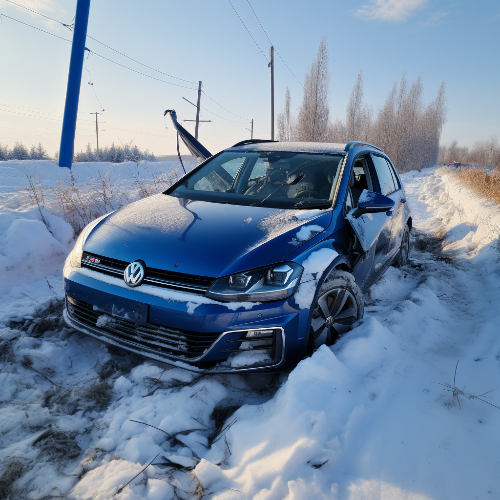 Crashed Marine Blue Volkswagen Golf in Snowy Ditch