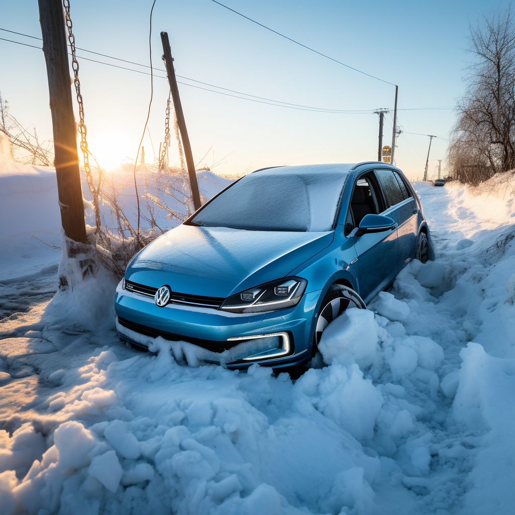 Crashed marine blue Volkswagen Golf Electric in ditch