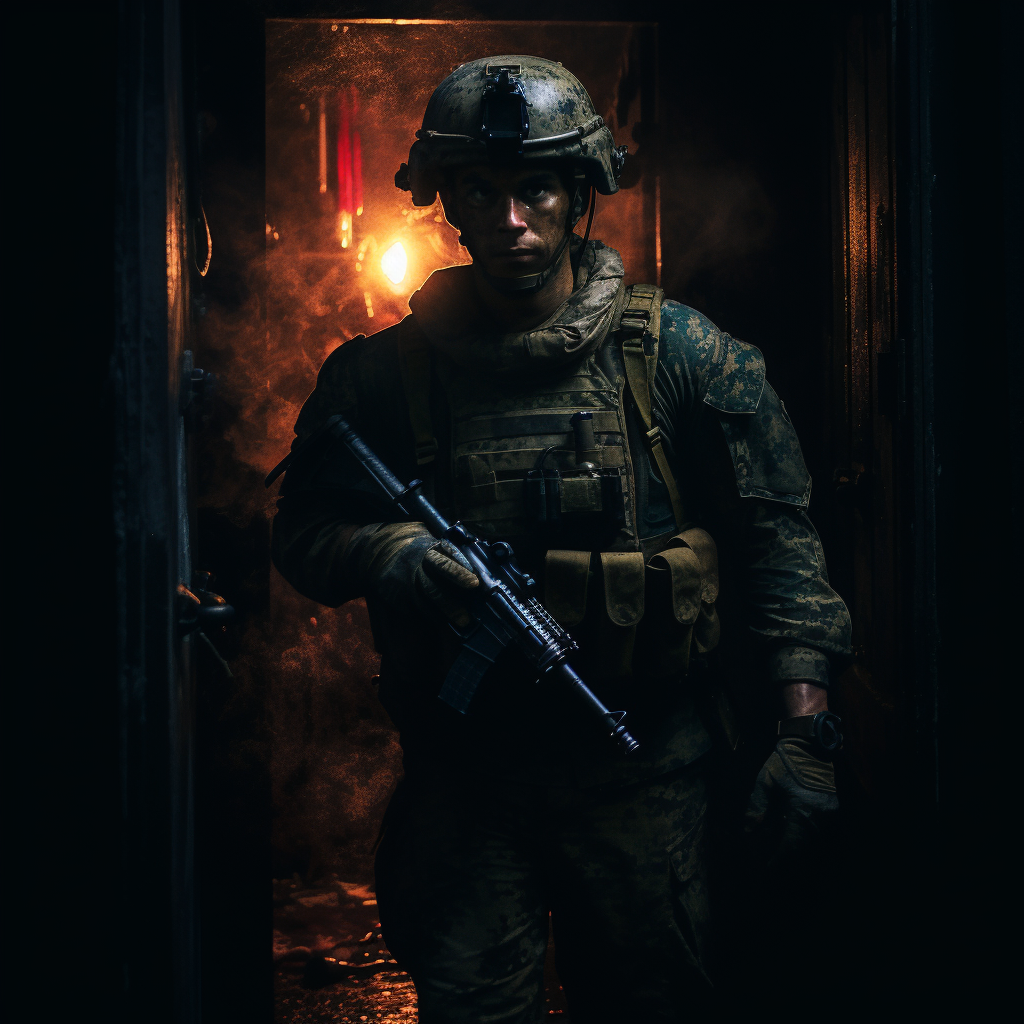 US Marine with Lantern in Combat Gear