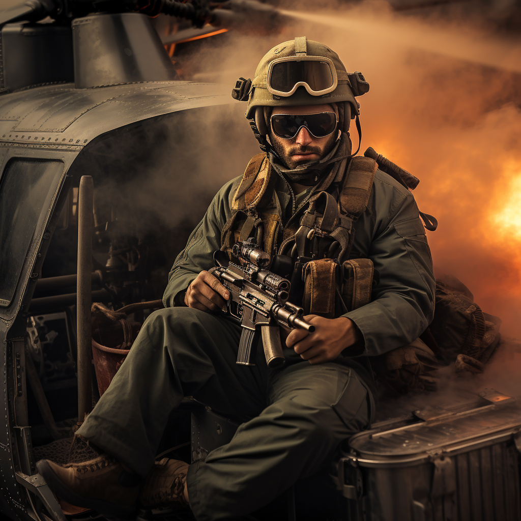 Marine Smoking Cigar with Thompson Machine Gun off Helicopter