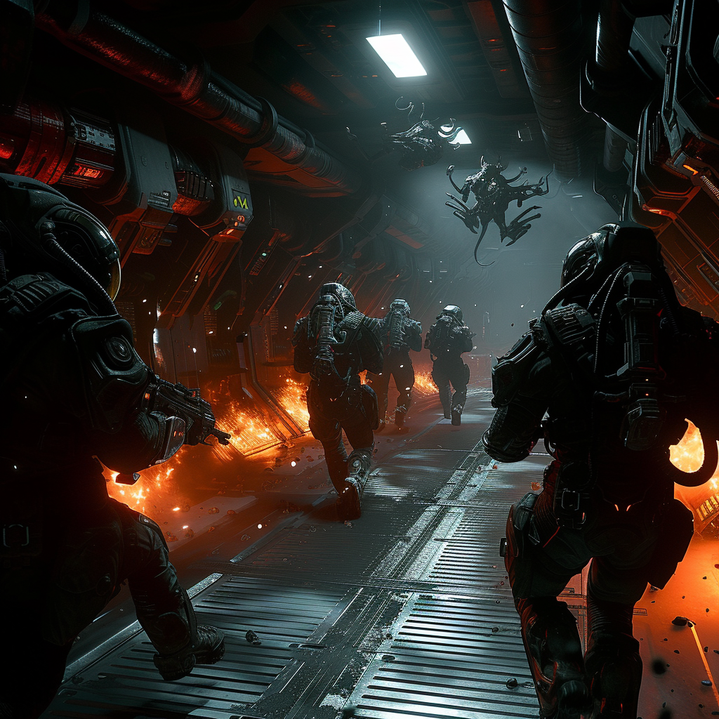 Marines being pursued by xenomorphs in space station